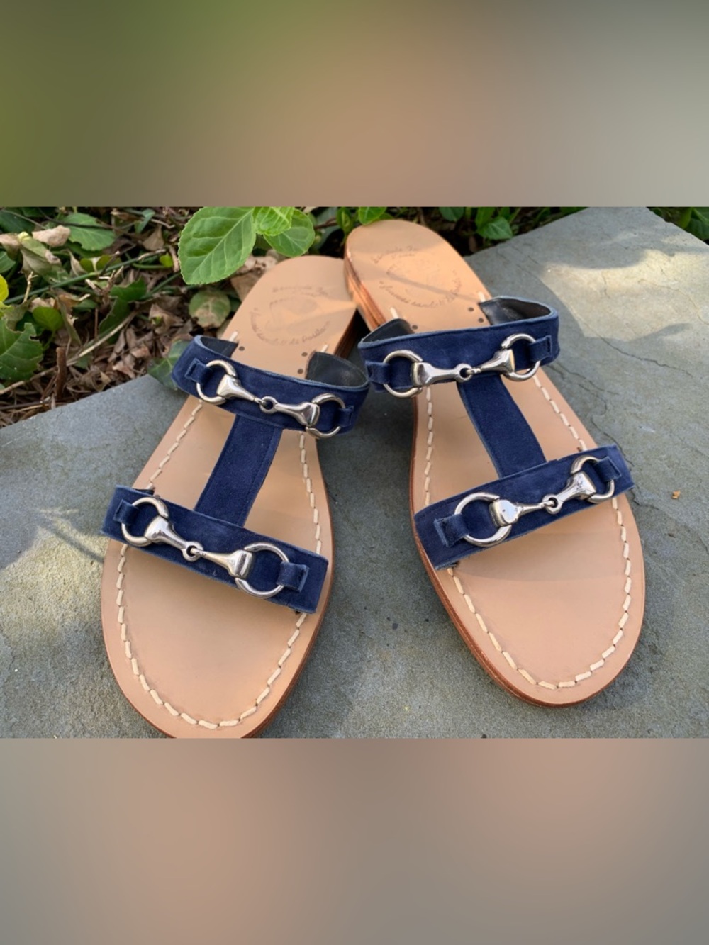 Vero Cuoio Navy Blue Suede /Leather Slide Sandals with Silver Horsebit Size 40